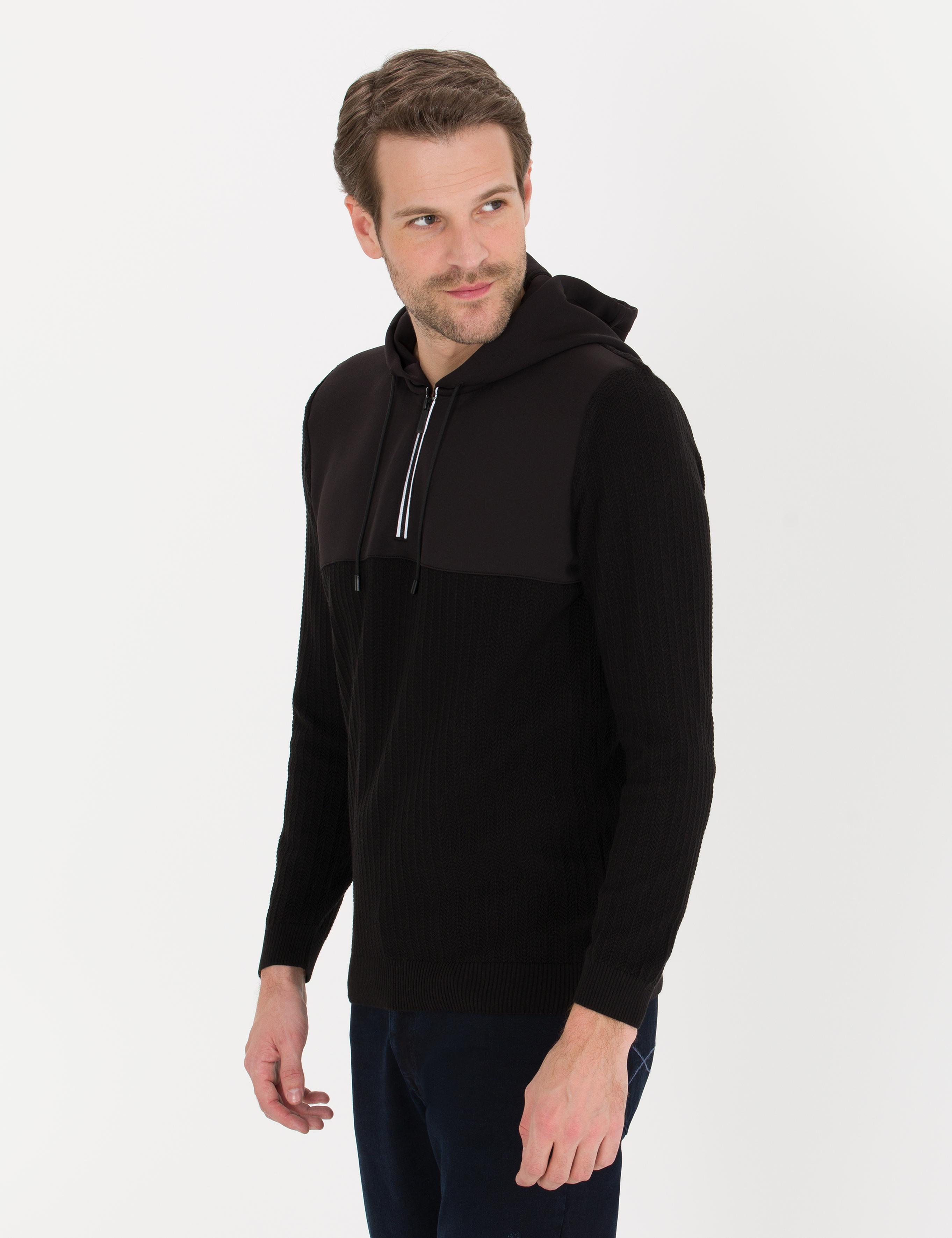 Siyah Slim Fit Kapüşonlu Triko Kazak