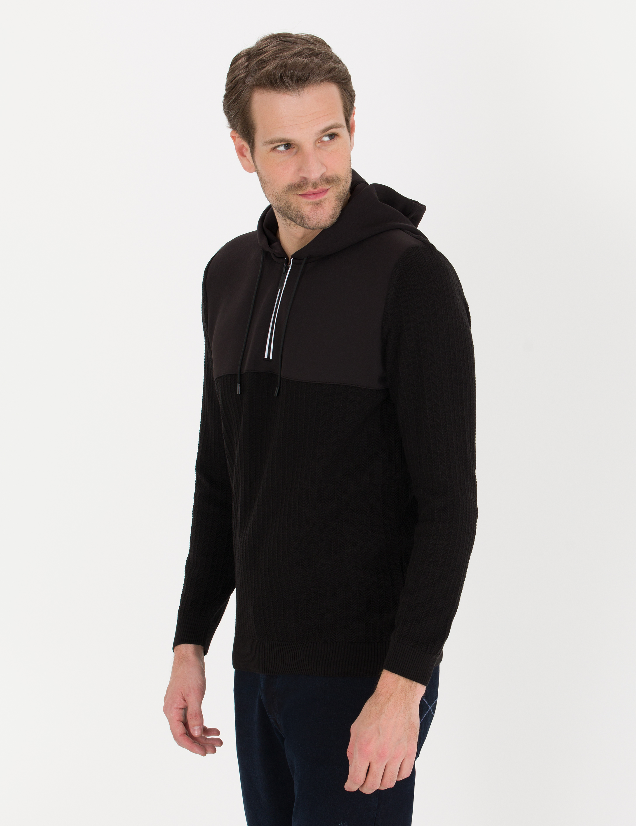 Siyah Slim Fit Kapüşonlu Triko Kazak - Image 4