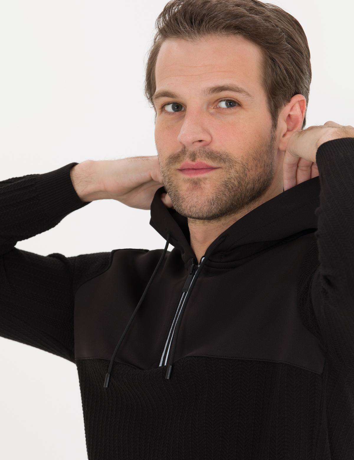 Siyah Slim Fit Kapüşonlu Triko Kazak - 50258654003