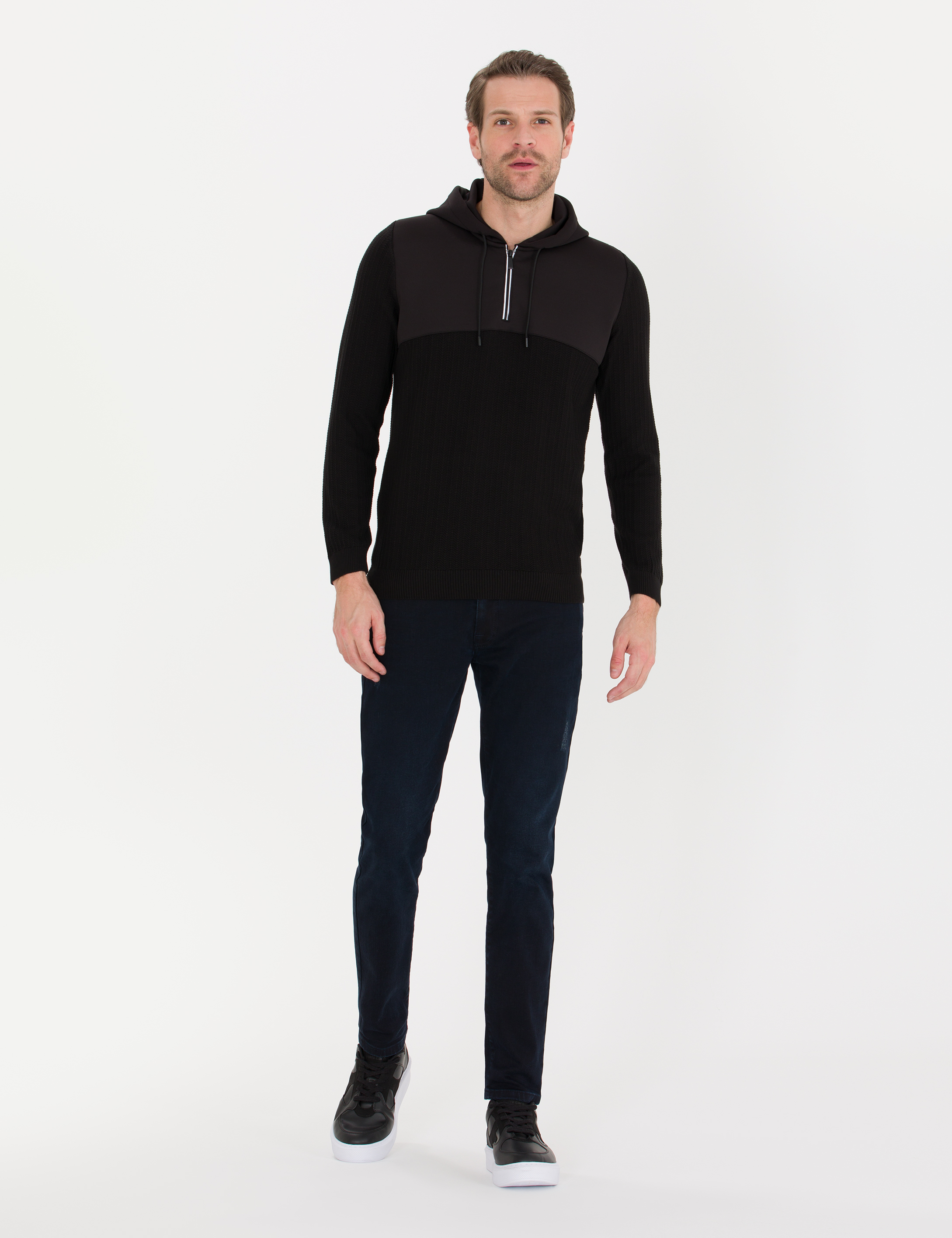Siyah Slim Fit Kapüşonlu Triko Kazak - Image 3