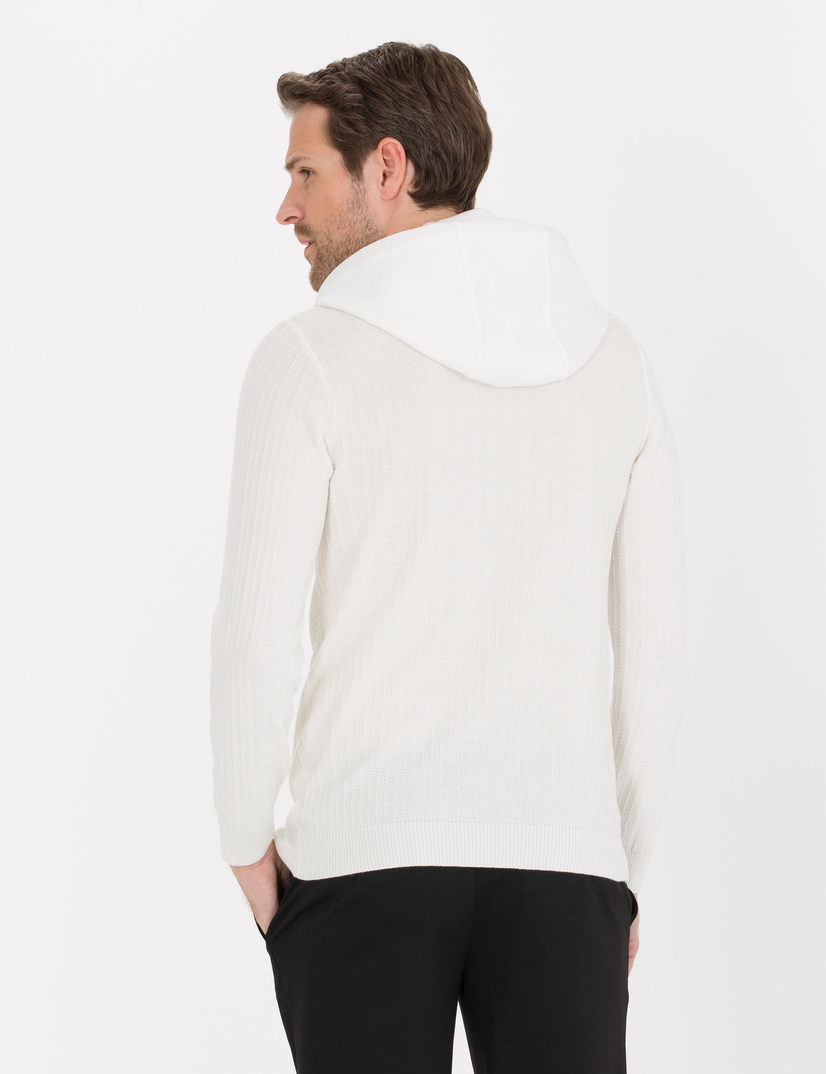 Ekru Slim Fit Kapüşonlu Triko Kazak