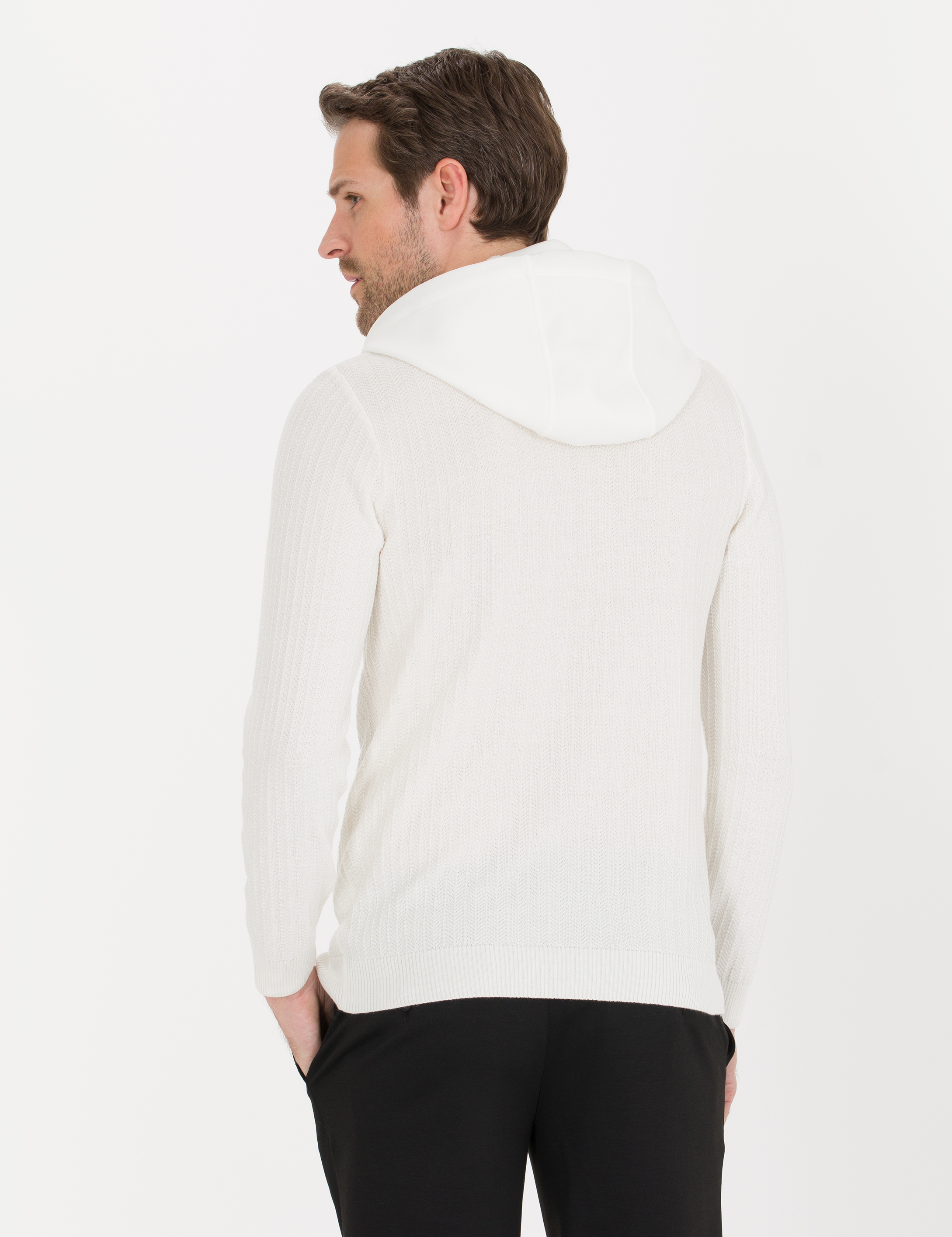 Ekru Slim Fit Kapüşonlu Triko Kazak - Image 5