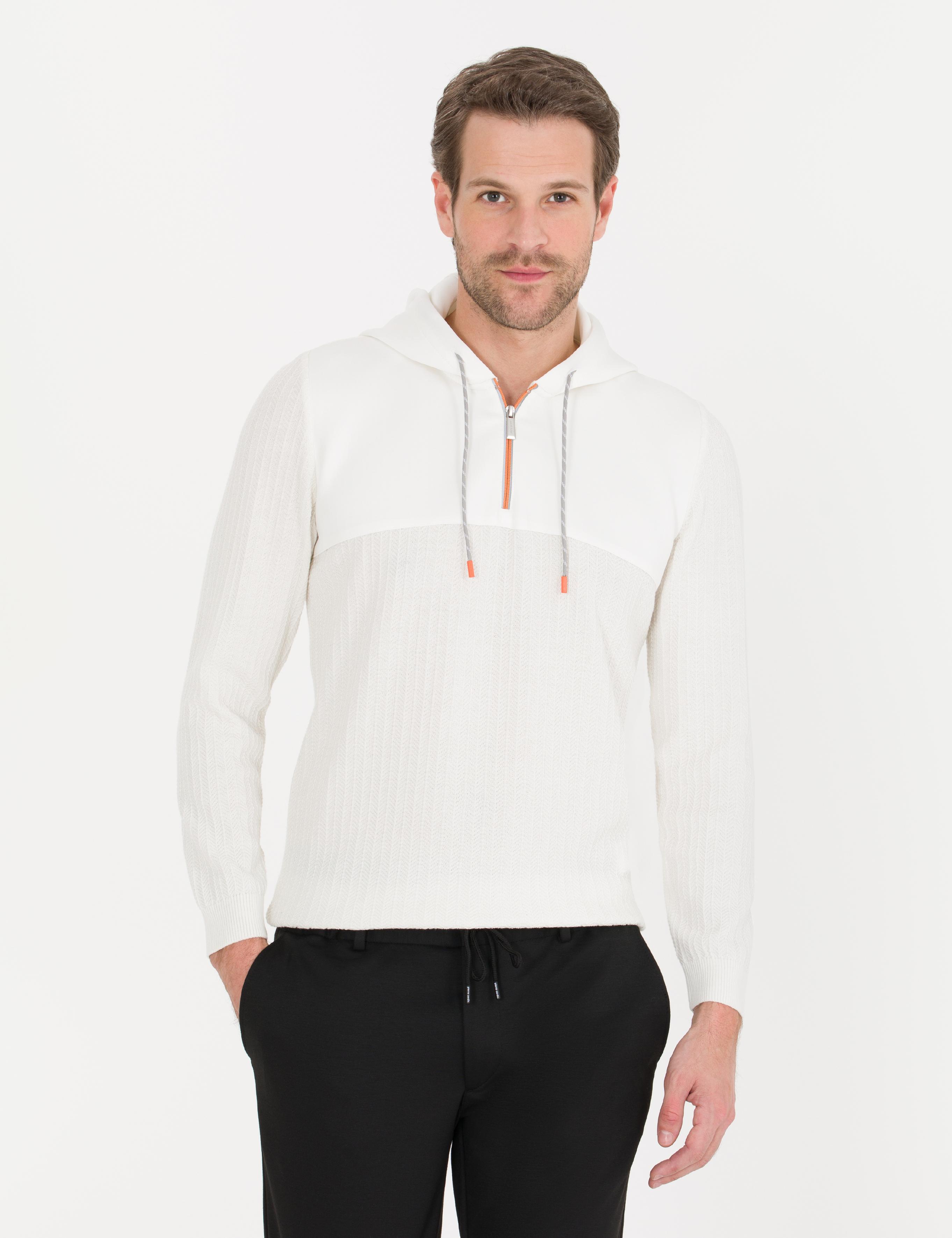 Ekru Slim Fit Kapüşonlu Triko Kazak