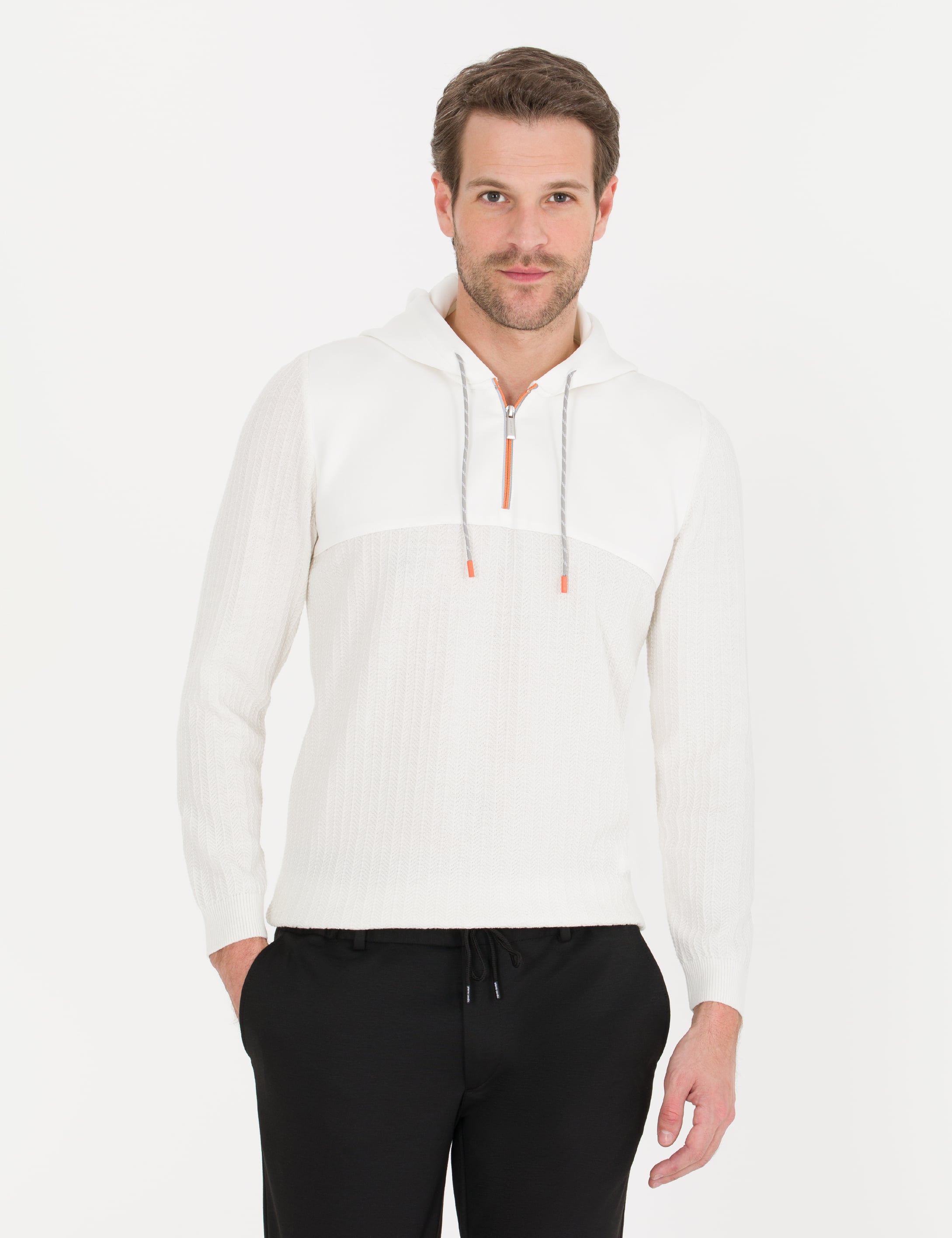 Ekru Slim Fit Kapüşonlu Triko Kazak
