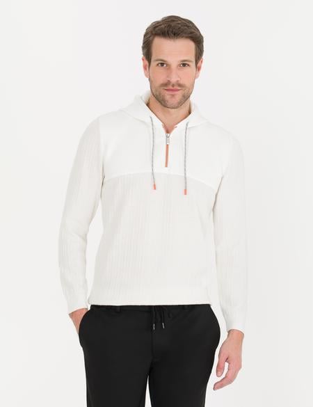 Ekru Slim Fit Kapüşonlu Triko Kazak - 50258654023