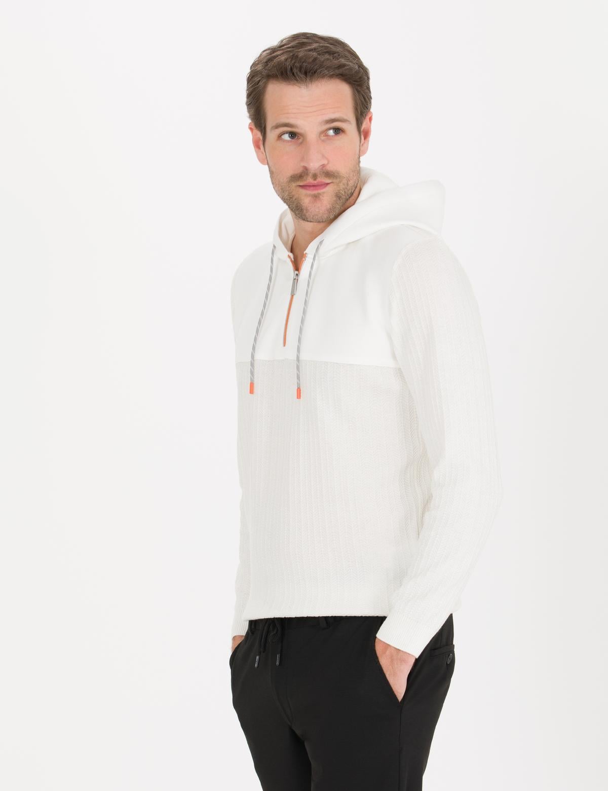 Ekru Slim Fit Kapüşonlu Triko Kazak - 50258654023