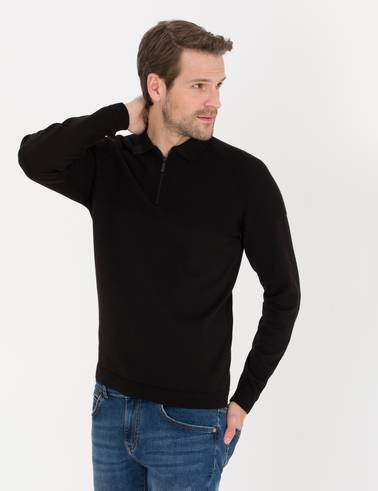 Siyah Slim Fit Fermuarlı Polo Yaka Triko Kazak