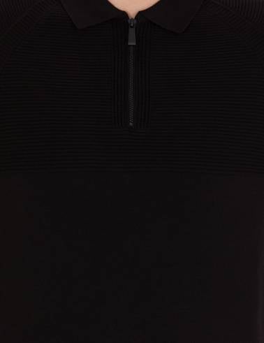 Siyah Slim Fit Fermuarlı Polo Yaka Triko Kazak