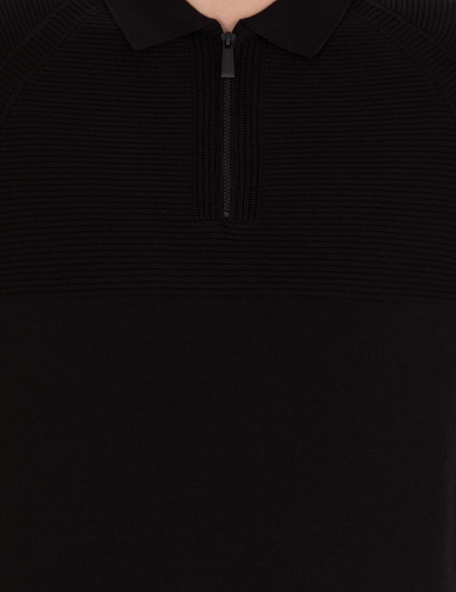 Siyah Slim Fit Fermuarlı Polo Yaka Triko Kazak