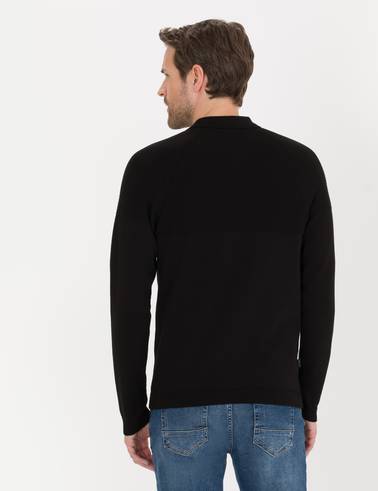 Siyah Slim Fit Fermuarlı Polo Yaka Triko Kazak