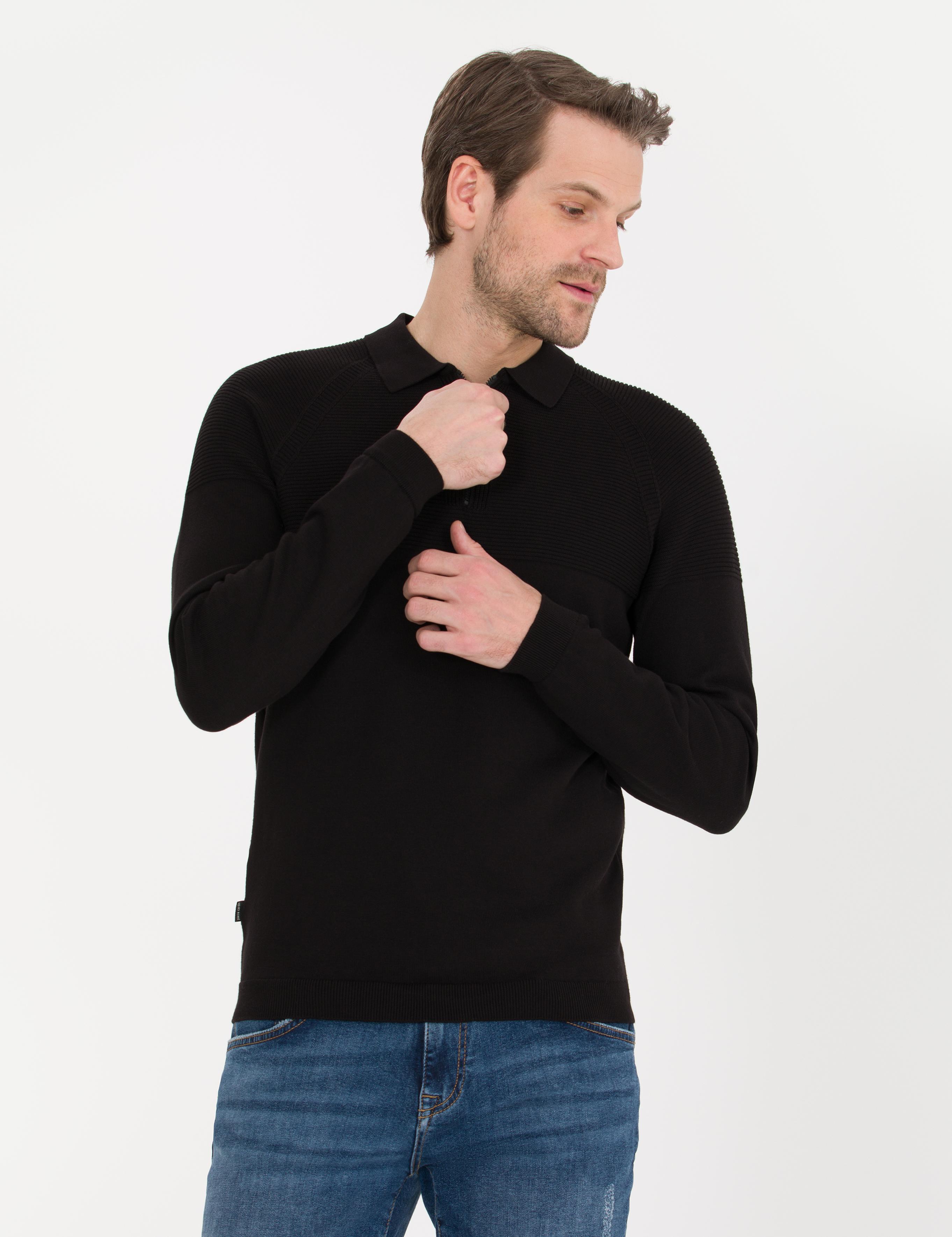 Siyah Slim Fit Fermuarlı Polo Yaka Triko Kazak