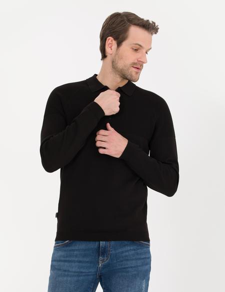 Siyah Slim Fit Fermuarlı Polo Yaka Triko Kazak - 50259835011