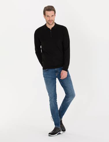 Siyah Slim Fit Fermuarlı Polo Yaka Triko Kazak