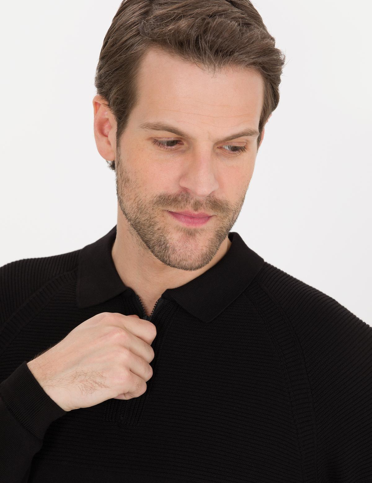 Siyah Slim Fit Fermuarlı Polo Yaka Triko Kazak - 50259835011