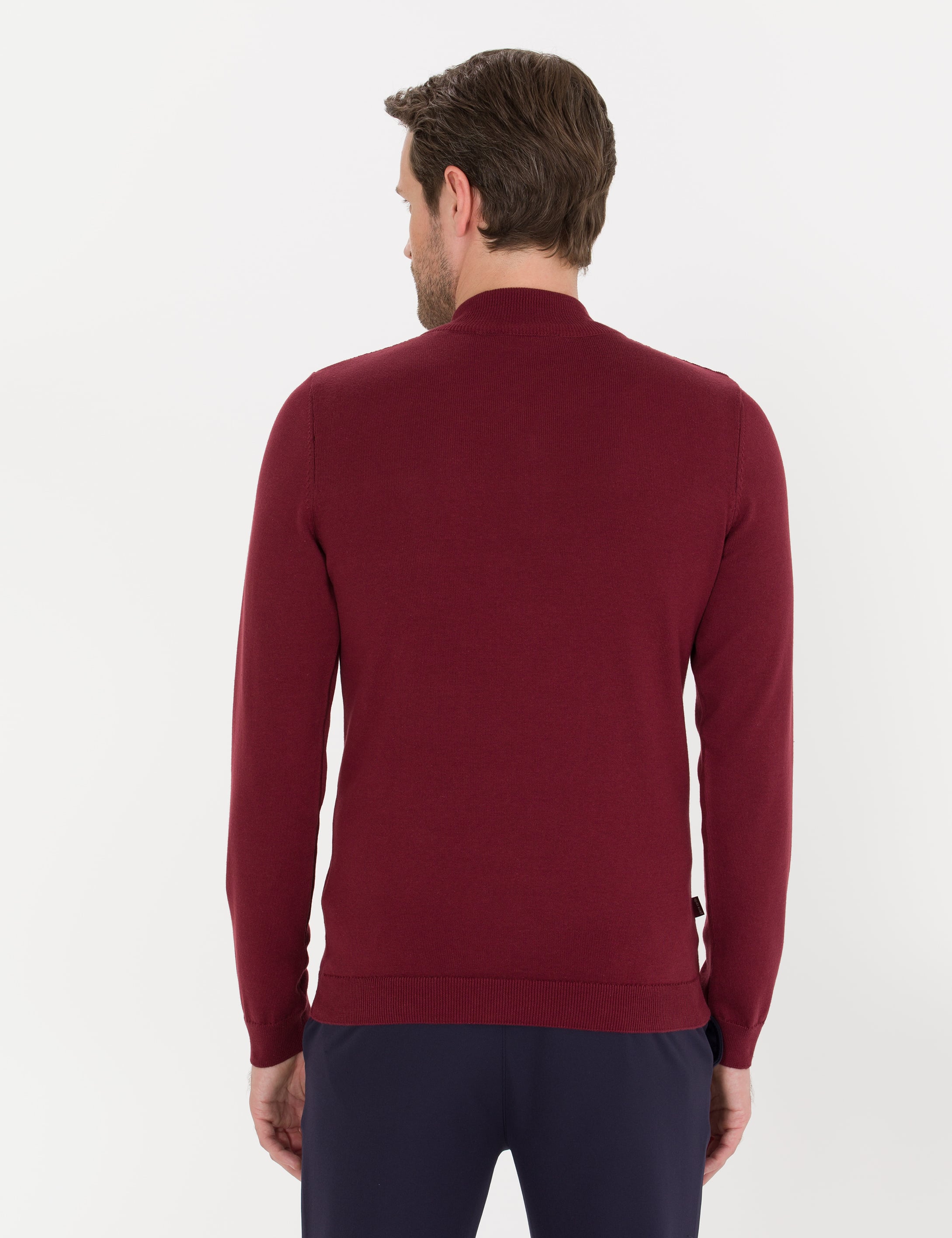 Bordo Slim Fit Yarım Balıkçı Yaka Triko Kazak