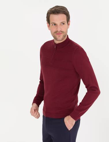 Bordo Slim Fit Yarım Balıkçı Yaka Triko Kazak