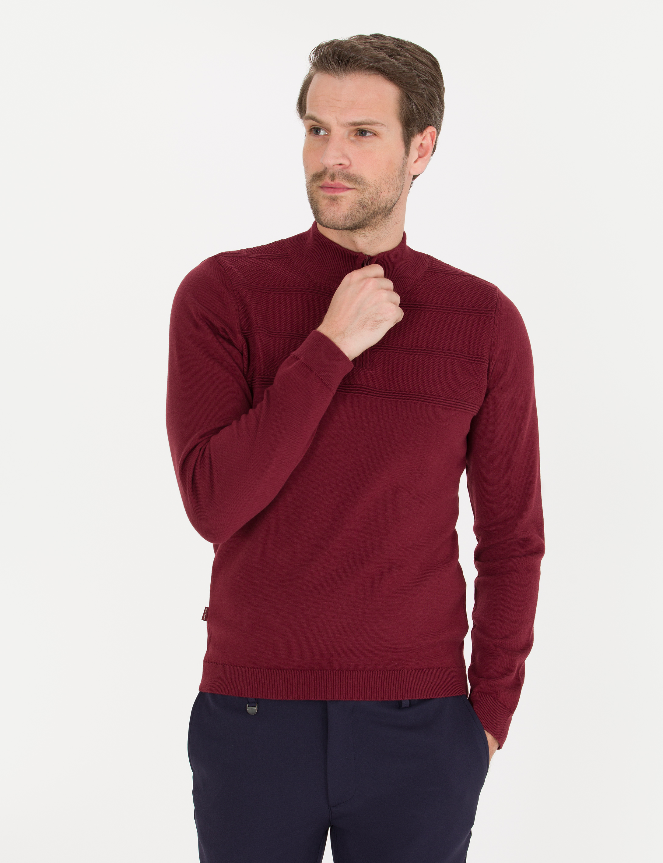 Bordo Slim Fit Yarım Balıkçı Yaka Triko Kazak - Image 2