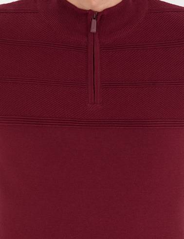 Bordo Slim Fit Yarım Balıkçı Yaka Triko Kazak
