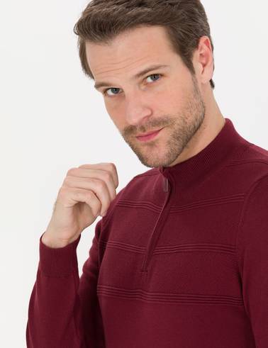 Bordo Slim Fit Yarım Balıkçı Yaka Triko Kazak