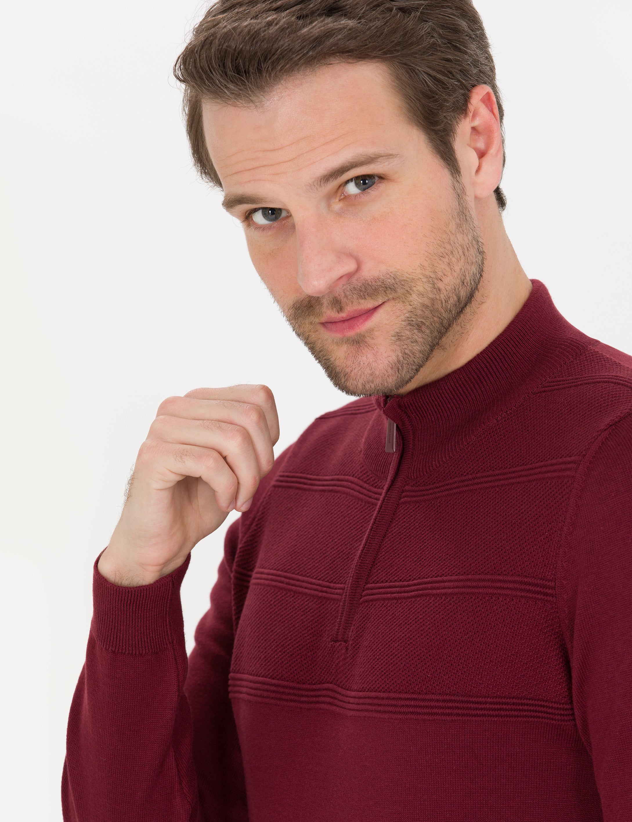 Bordo Slim Fit Yarım Balıkçı Yaka Triko Kazak - Image 1