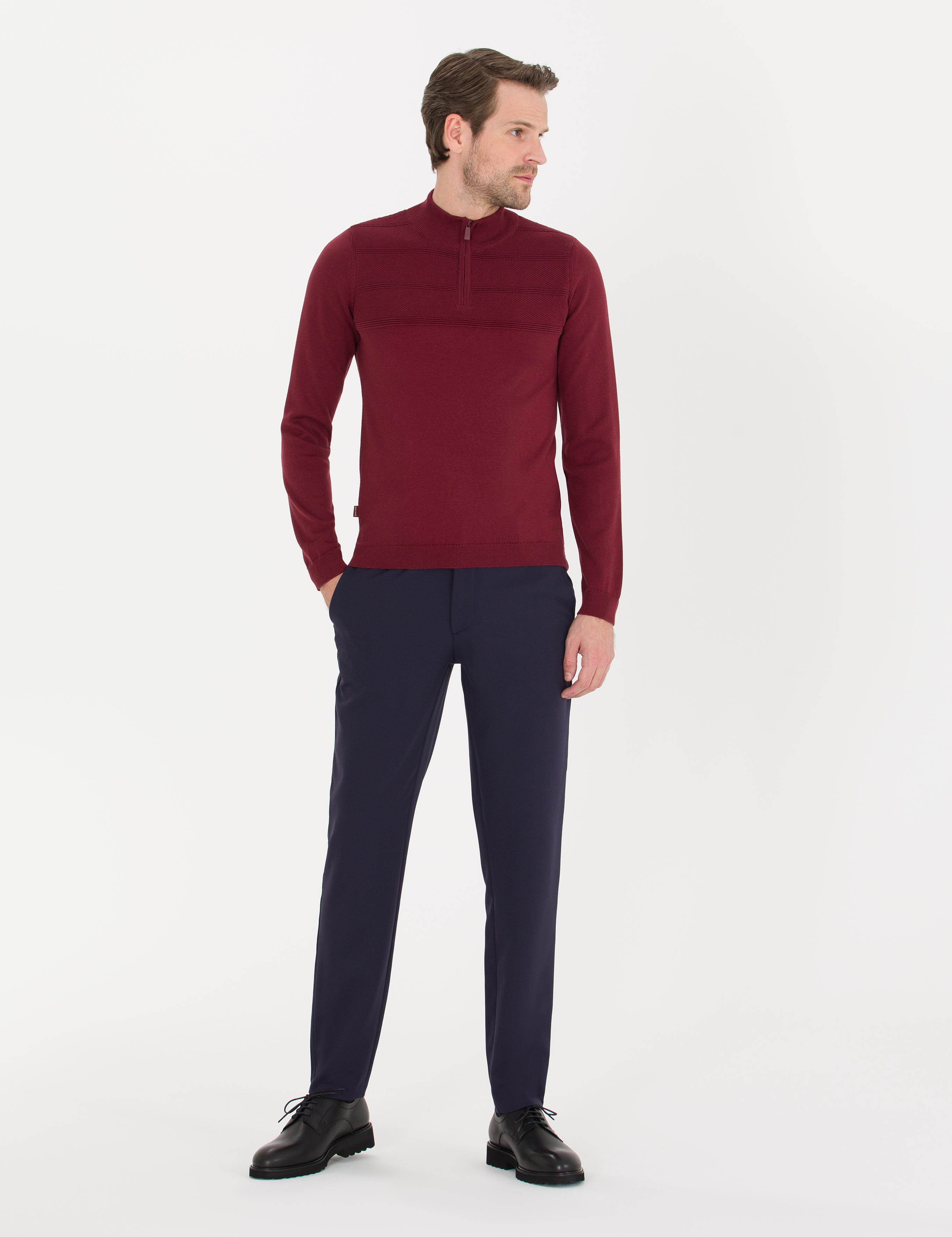Bordo Slim Fit Yarım Balıkçı Yaka Triko Kazak