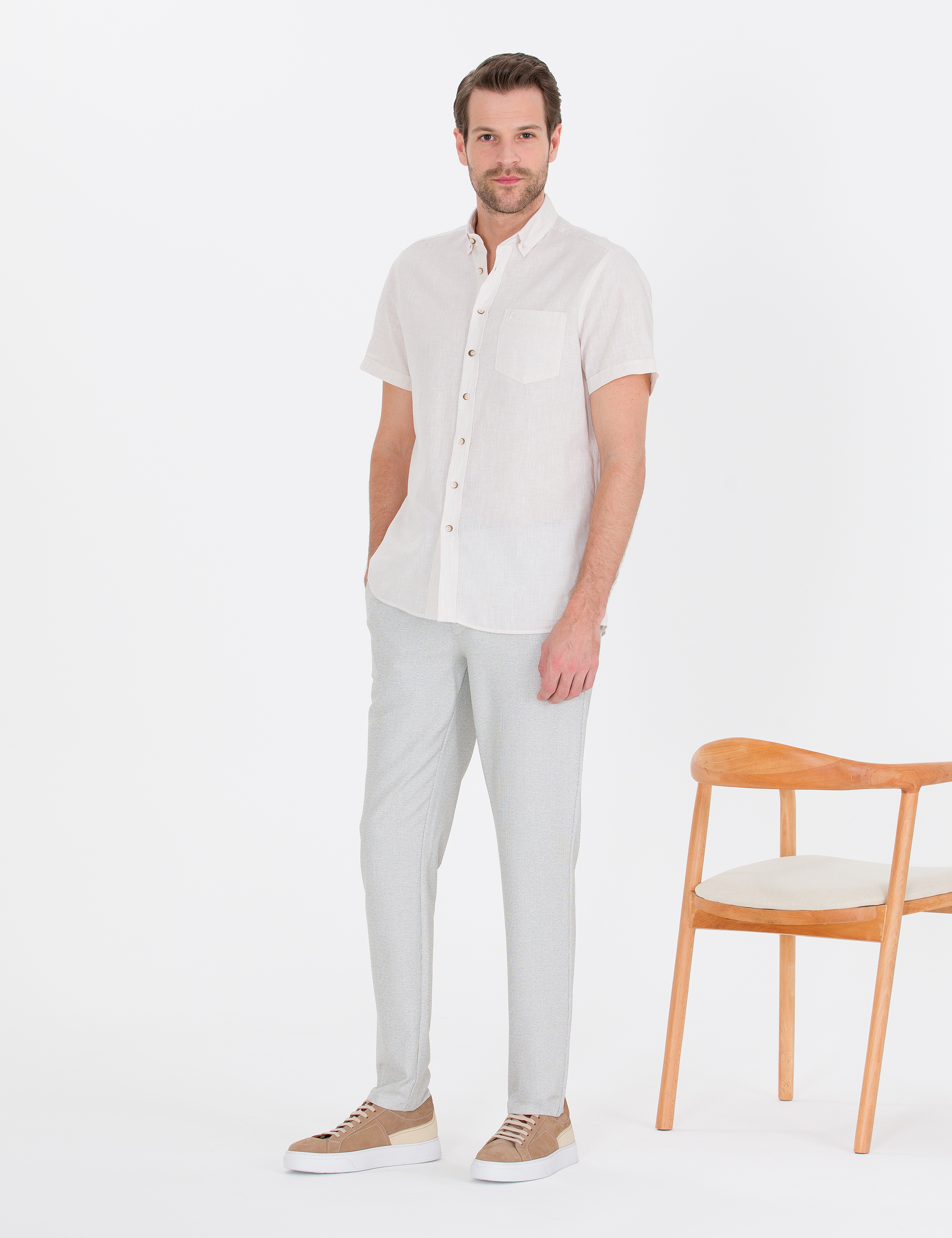Bej Regular Fit Kısa Kollu Gömlek - Image 4