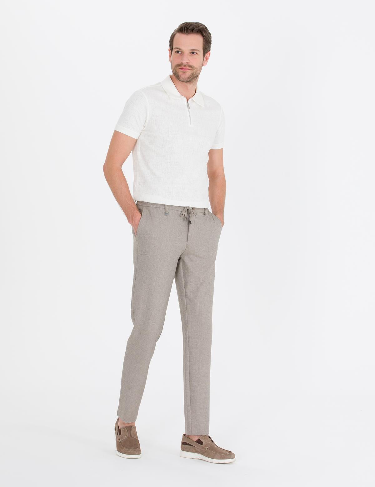 Ekru Slim Fit Fermuarlı Polo Yaka Tişört - 50265228019