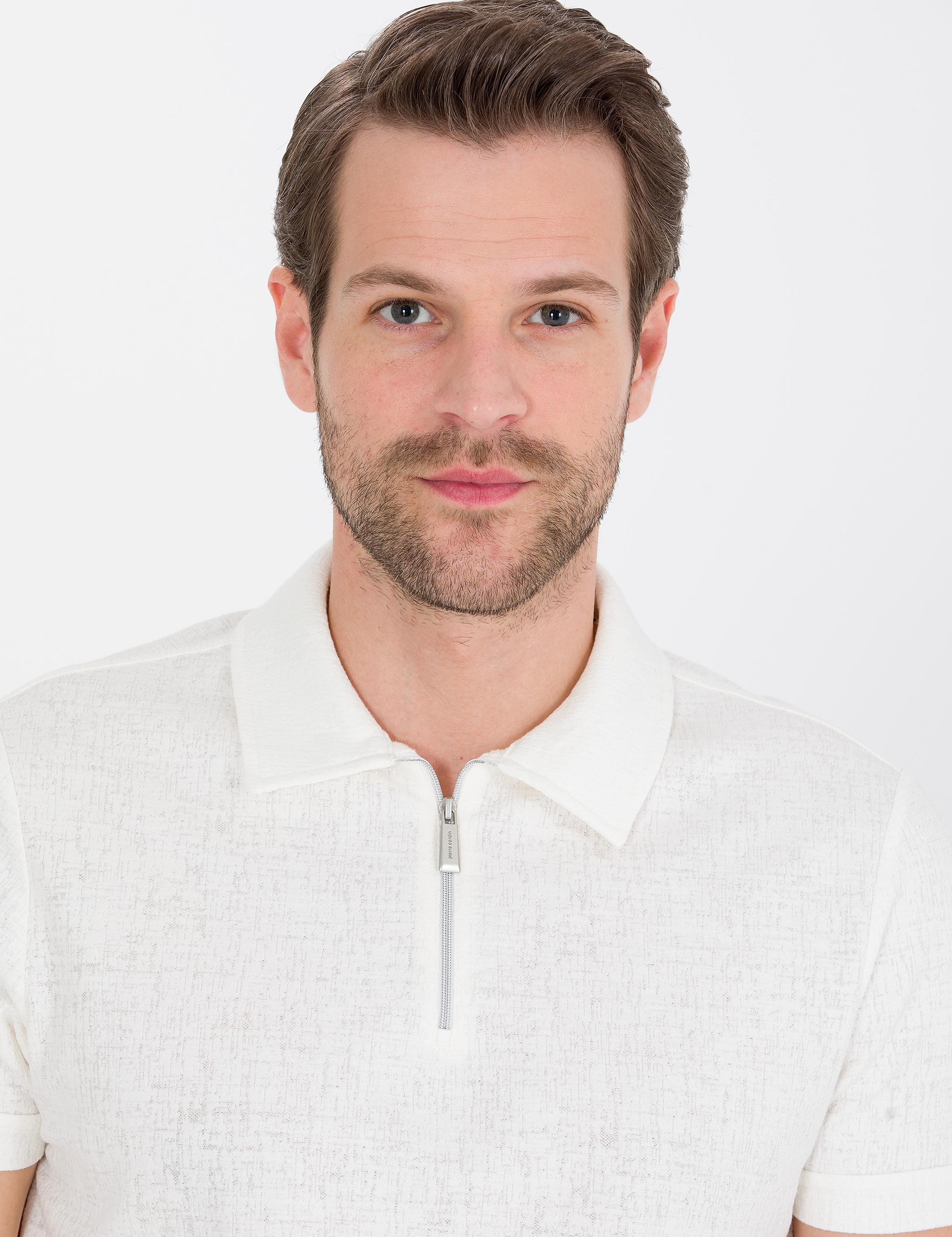 Ekru Slim Fit Fermuarlı Polo Yaka Tişört