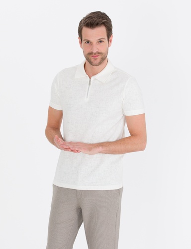 Ekru Slim Fit Fermuarlı Polo Yaka Tişört