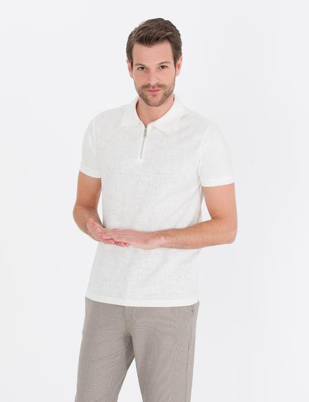 Ekru Slim Fit Fermuarlı Polo Yaka Tişört - 50265228019