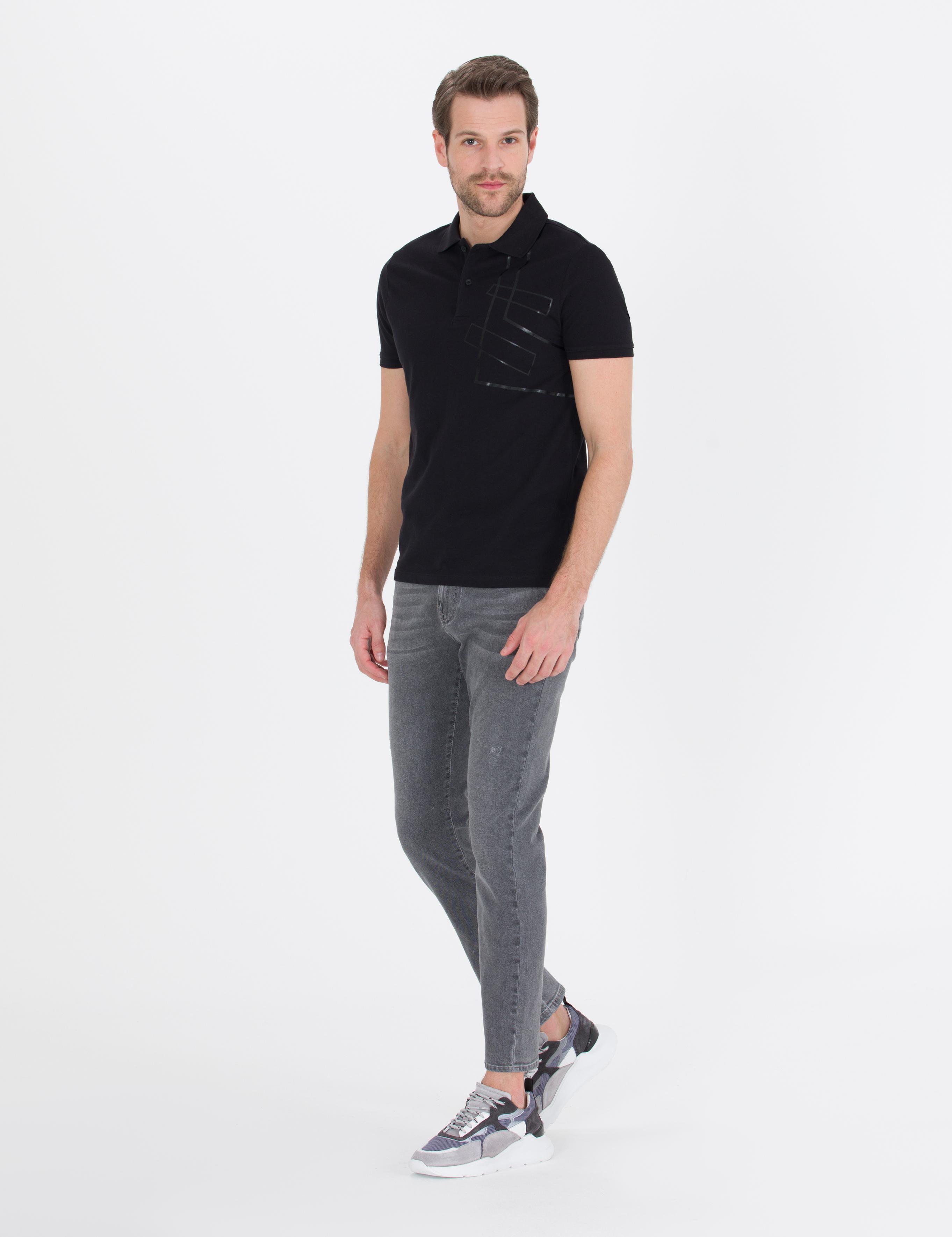 Siyah Slim Fit Baskılı Polo Yaka Tişört