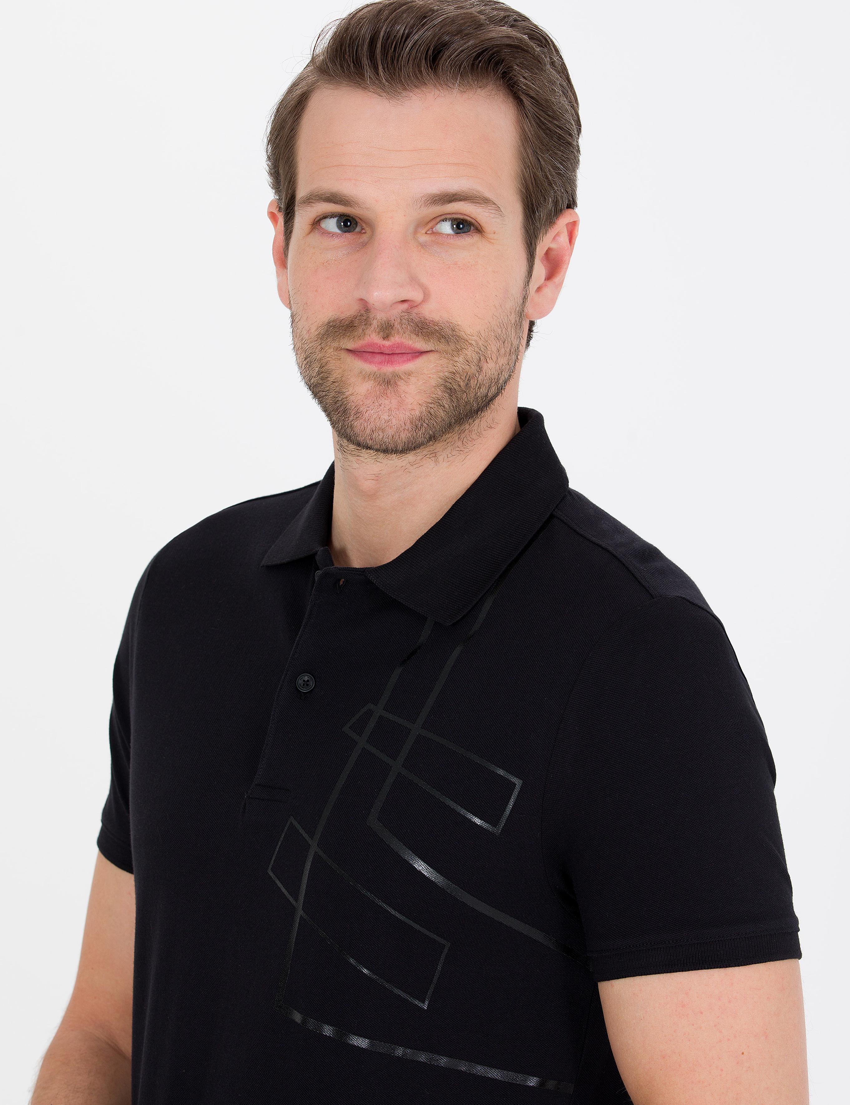 Siyah Slim Fit Baskılı Polo Yaka Tişört