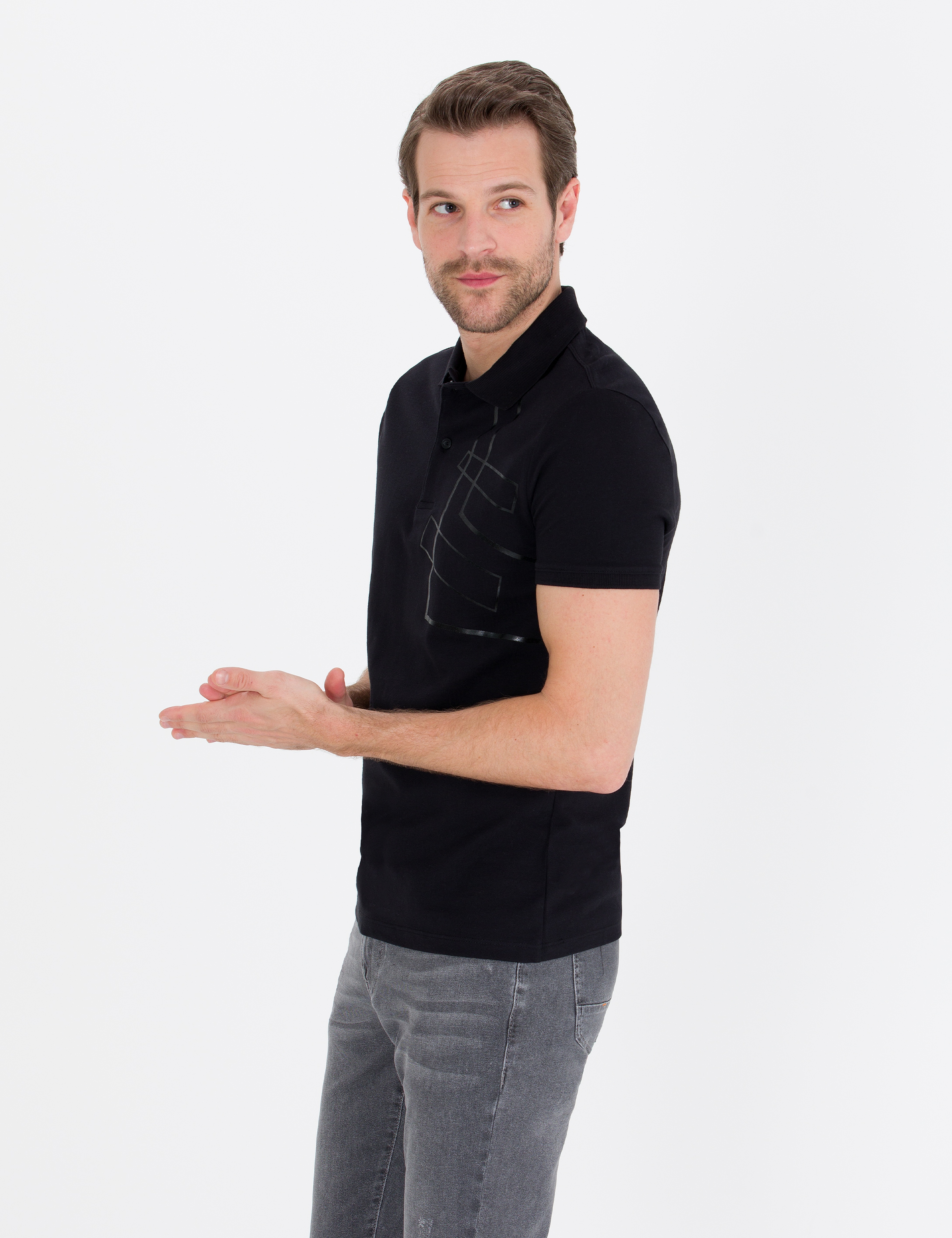 Siyah Slim Fit Baskılı Polo Yaka Tişört - Image 3