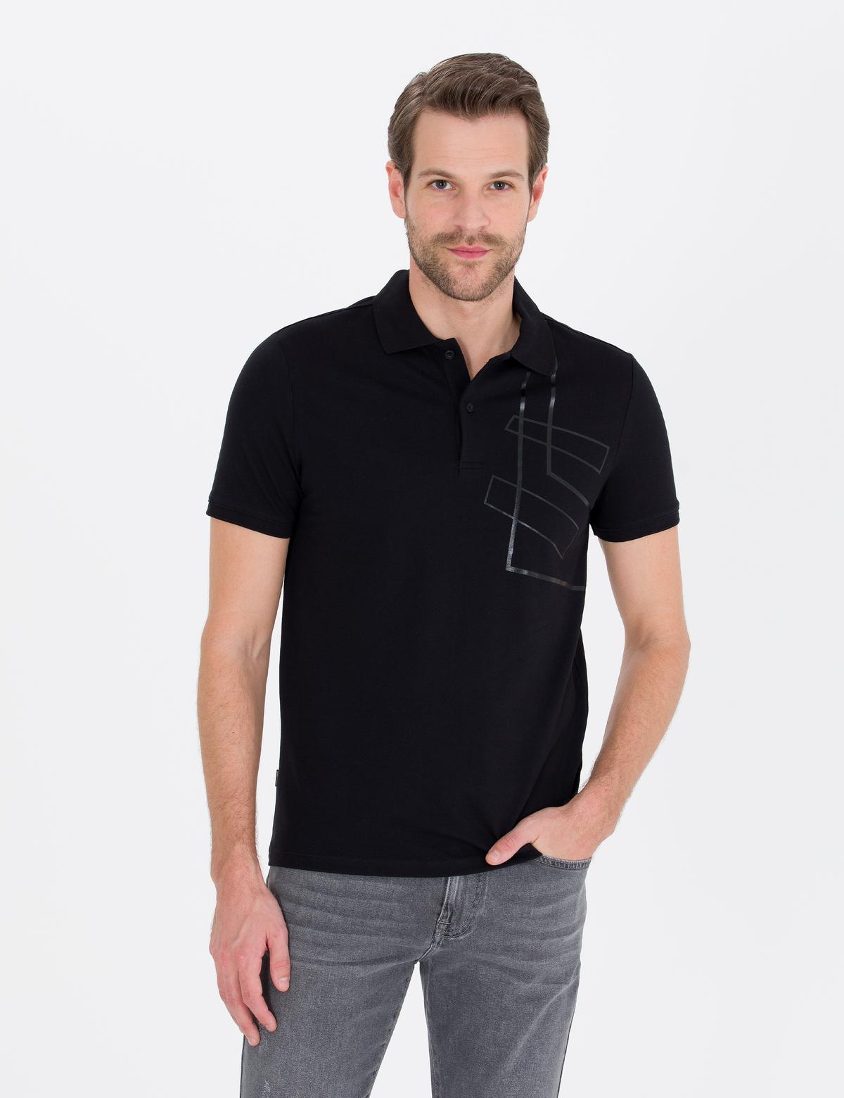 Siyah Slim Fit Baskılı Polo Yaka Tişört