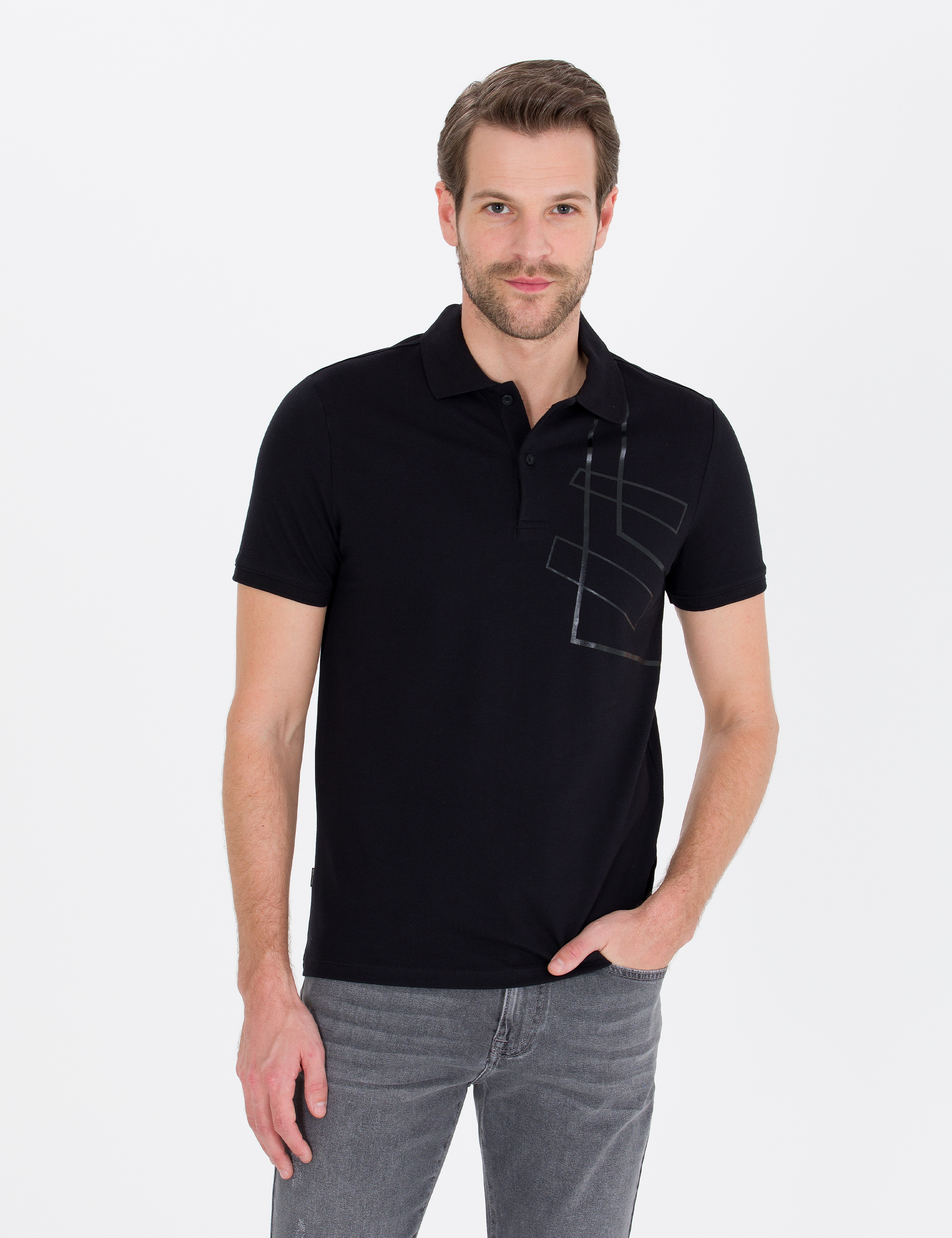 Siyah Slim Fit Baskılı Polo Yaka Tişört - Image 1