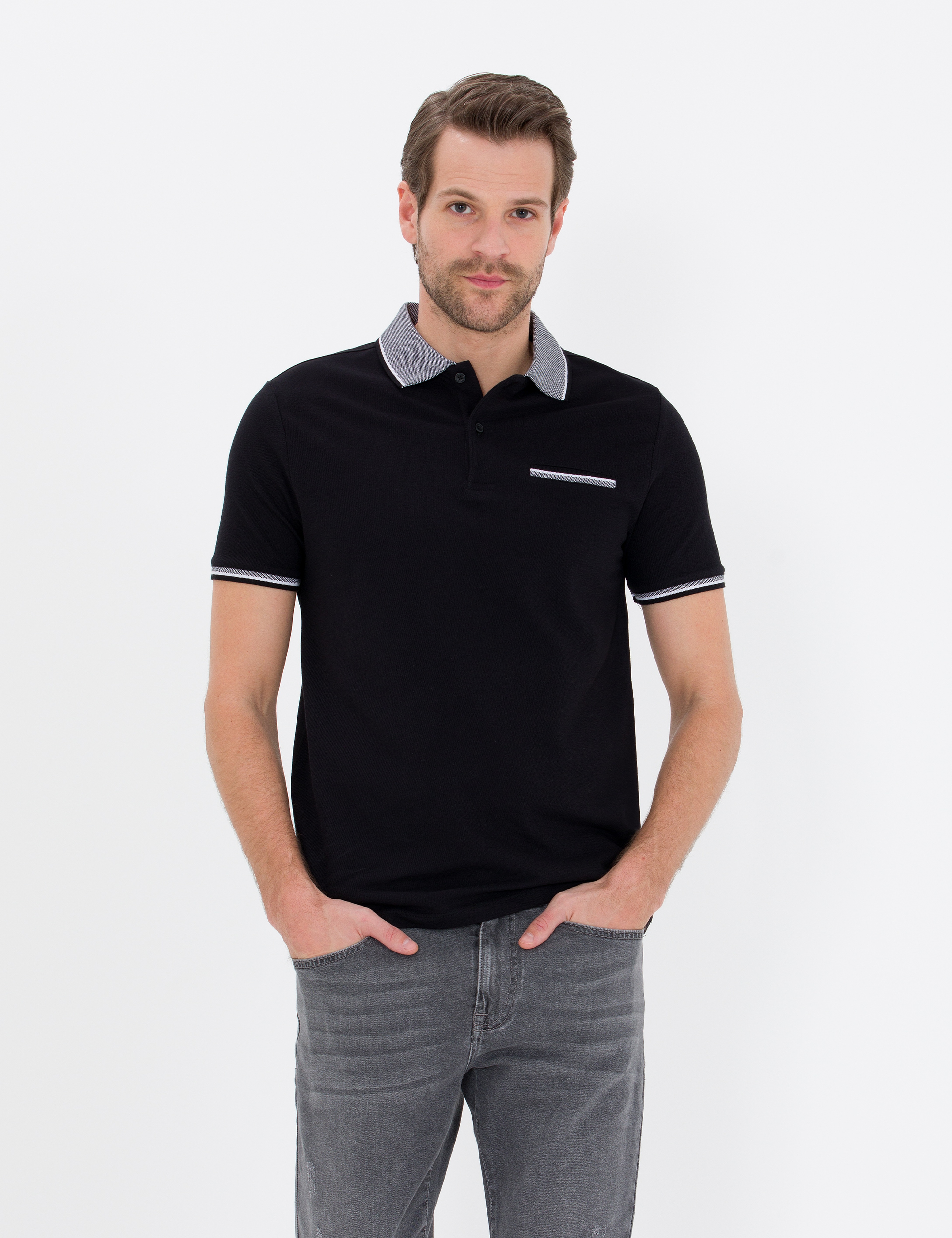 Siyah Regular Fit Polo Yaka Cepli Tişört - Image 3