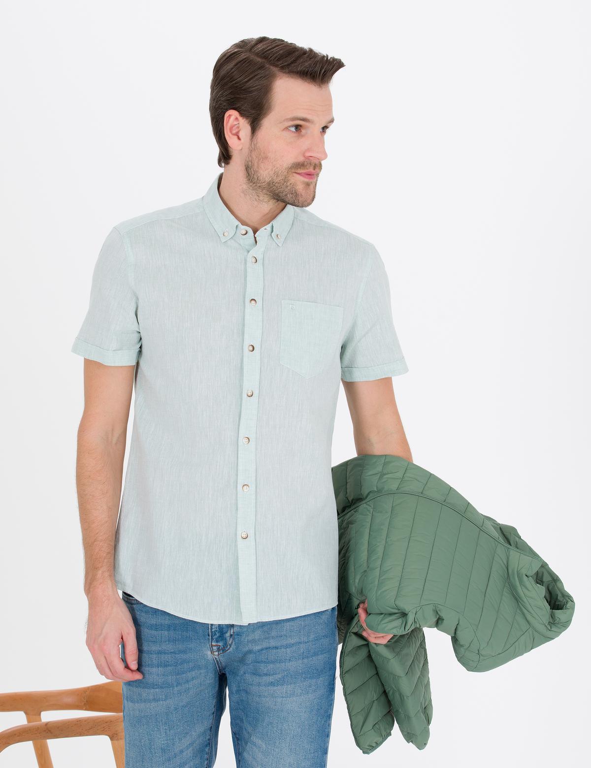 Yeşil Keten Karışımlı Regular Fit Kısa Kollu Gömlek