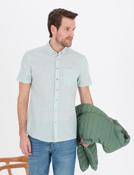 Yeşil Keten Karışımlı Regular Fit Kısa Kollu Gömlek - 50265118062