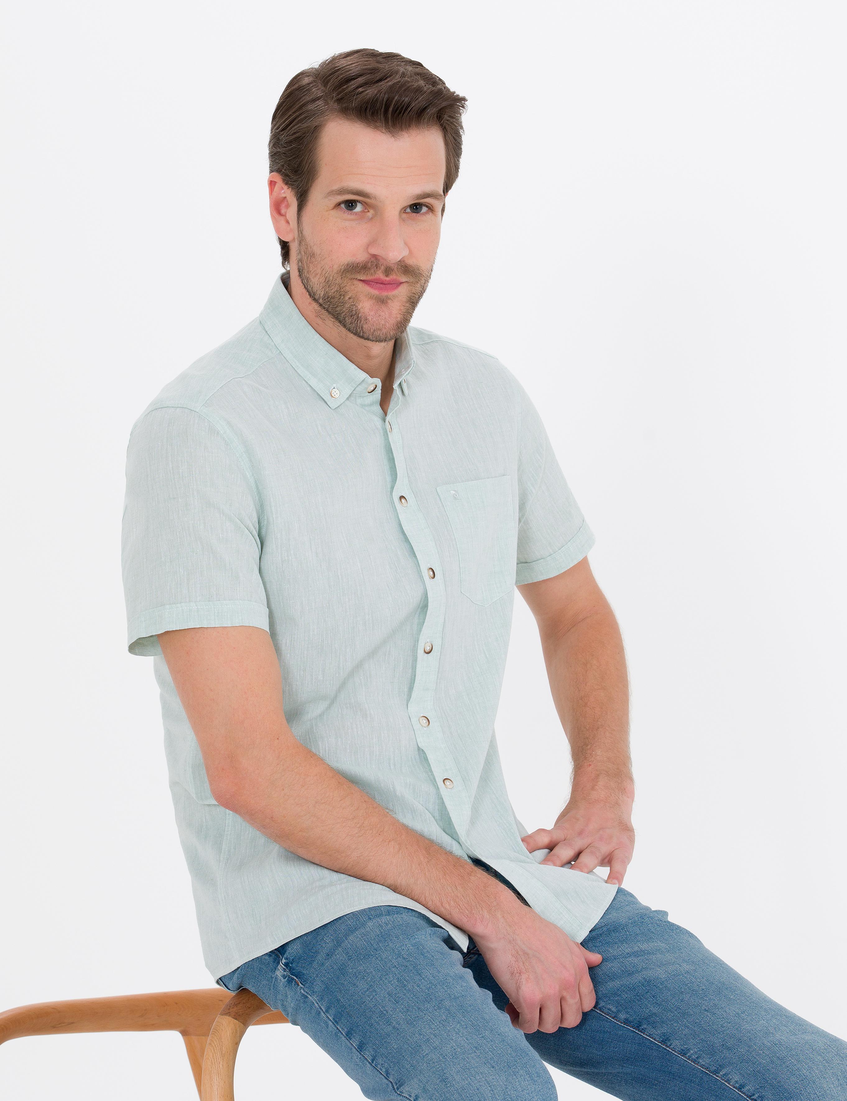 Yeşil Keten Karışımlı Regular Fit Kısa Kollu Gömlek