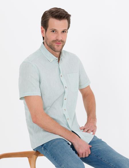 Yeşil Keten Karışımlı Regular Fit Kısa Kollu Gömlek - 50265118062