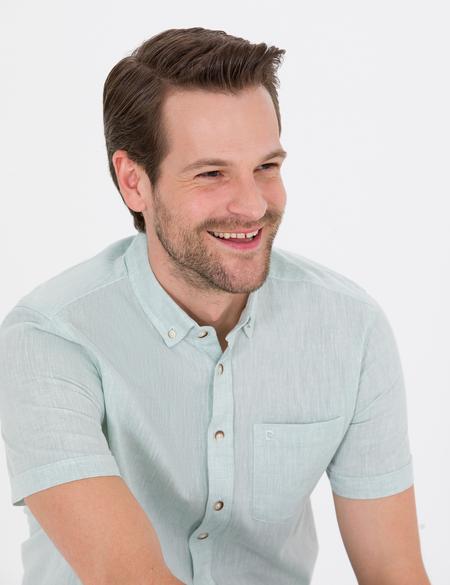 Yeşil Keten Karışımlı Regular Fit Kısa Kollu Gömlek - 50265118062