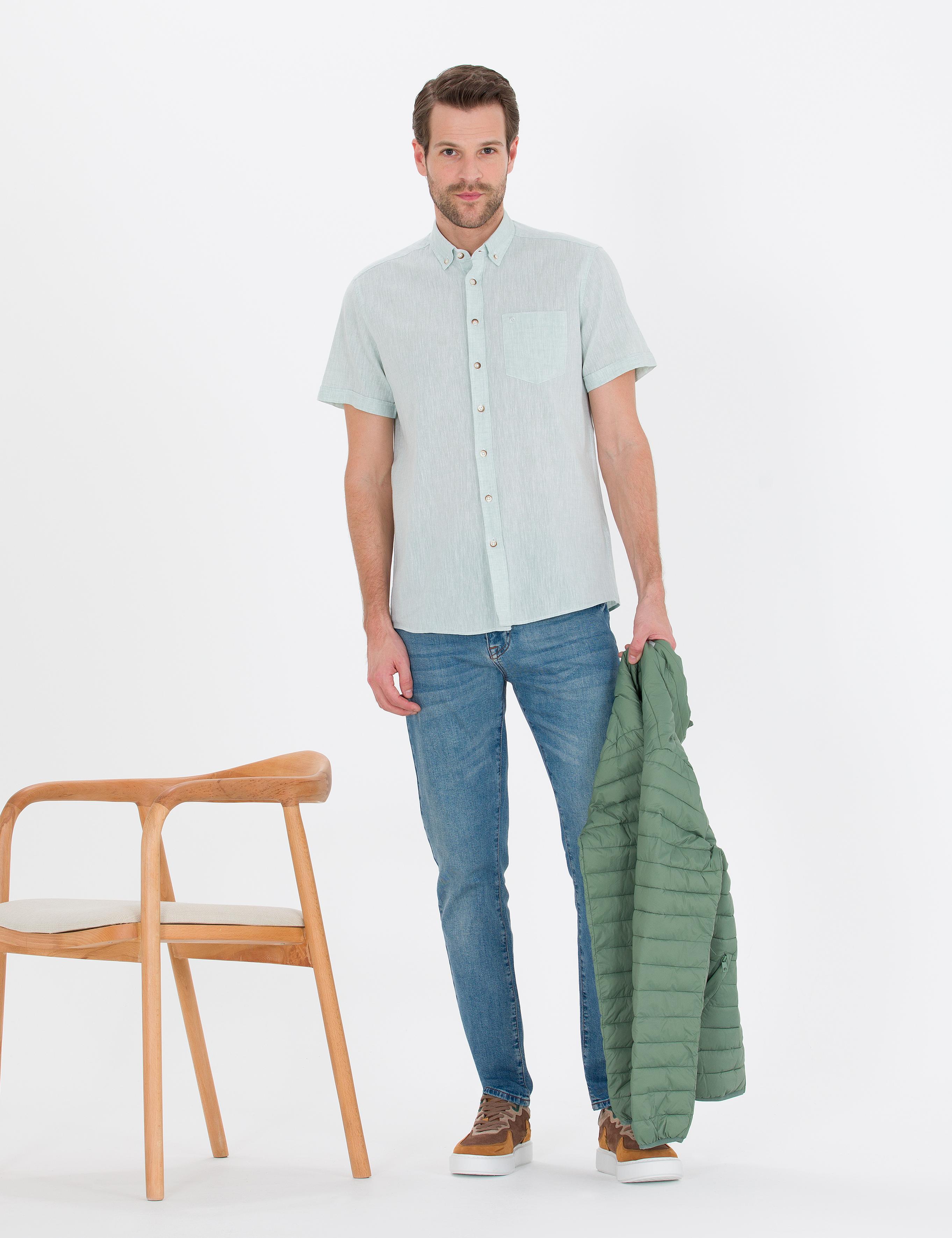 Yeşil Keten Karışımlı Regular Fit Kısa Kollu Gömlek