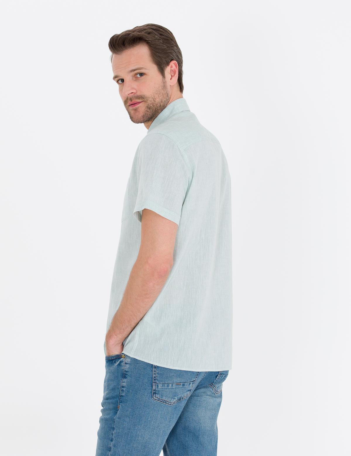 Yeşil Keten Karışımlı Regular Fit Kısa Kollu Gömlek - 50265118062