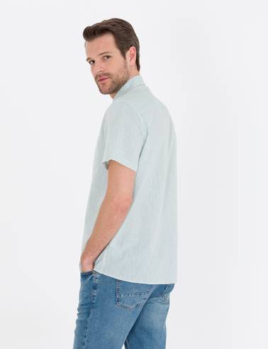Yeşil Keten Karışımlı Regular Fit Kısa Kollu Gömlek