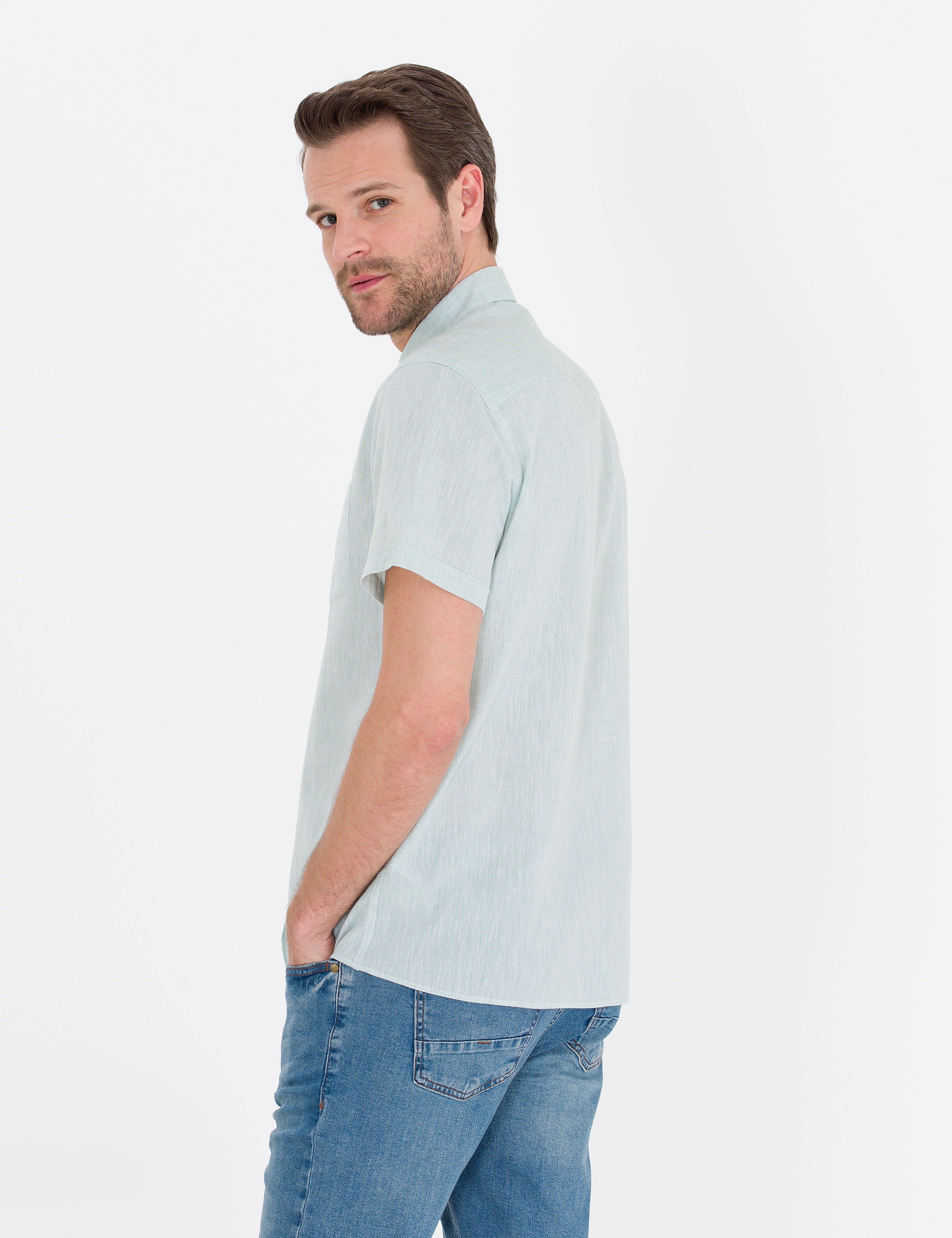 Yeşil Keten Karışımlı Regular Fit Kısa Kollu Gömlek