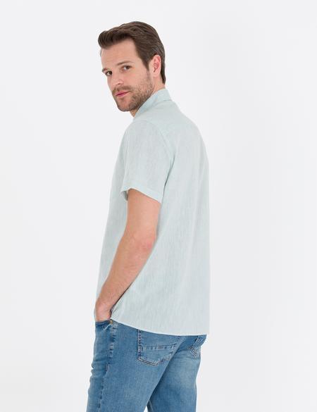 Yeşil Keten Karışımlı Regular Fit Kısa Kollu Gömlek - 50265118062