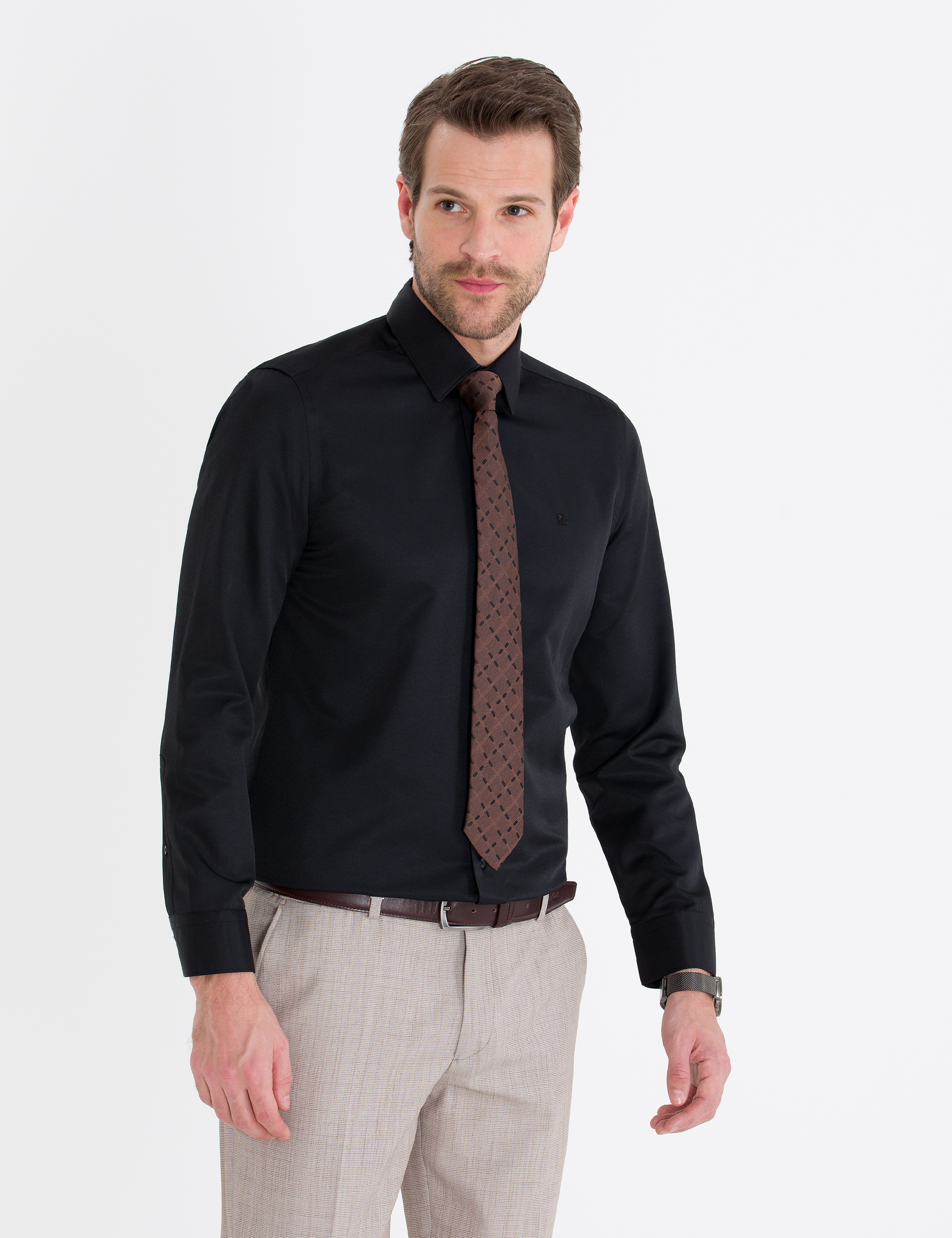 Siyah Slim Fit Uzun Kollu Klasik Gömlek - Image 3