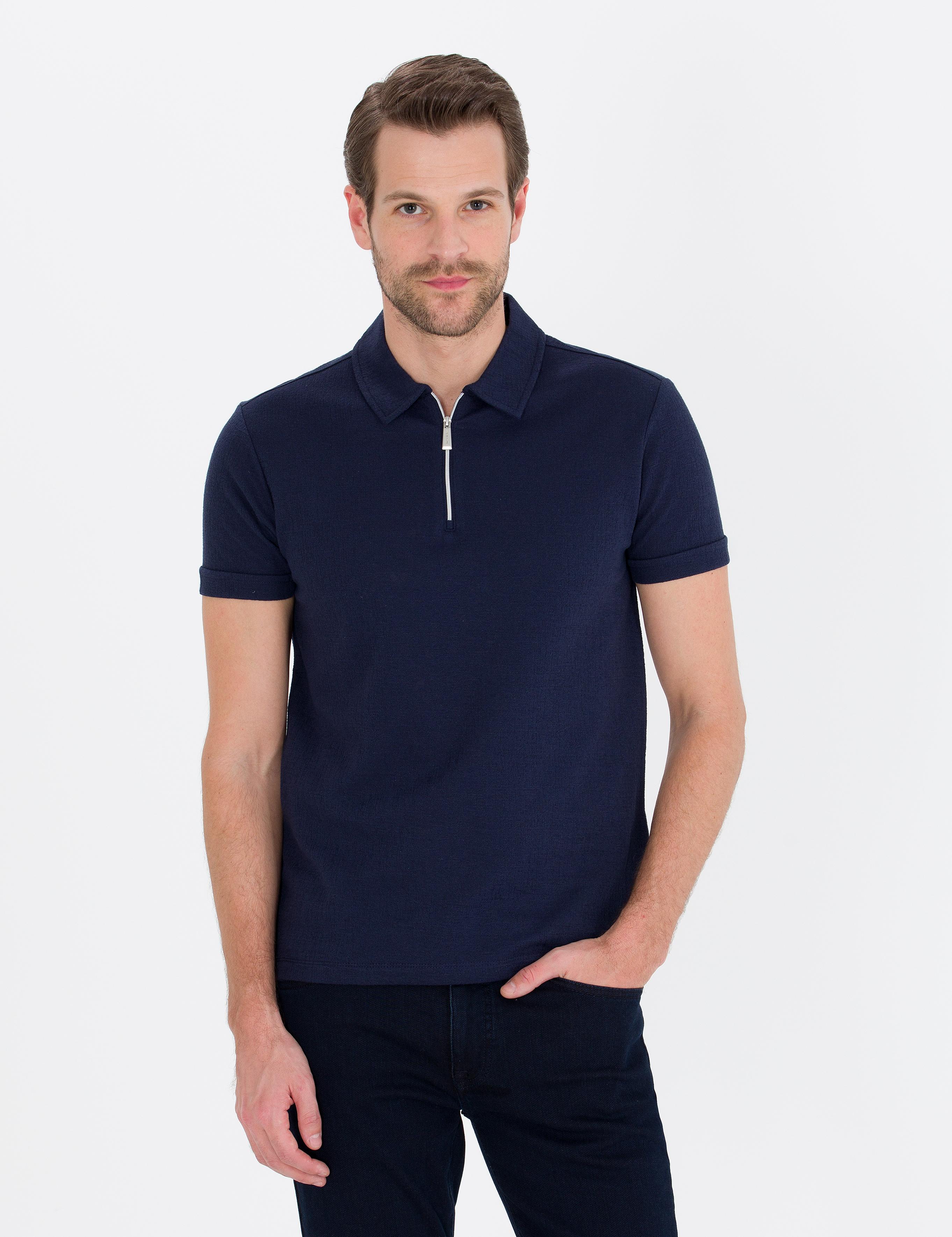 Lacivert Slim Fit Fermuarlı Polo Yaka Tişört