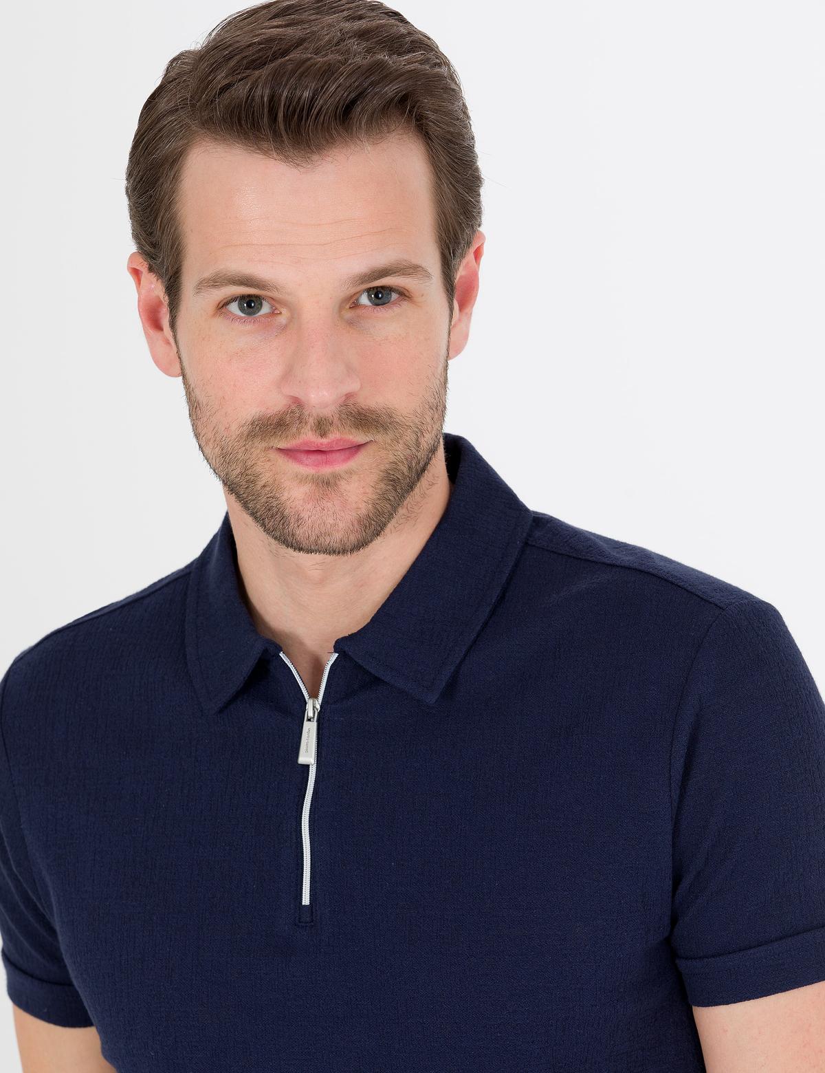 Lacivert Slim Fit Fermuarlı Polo Yaka Tişört - 50265228011