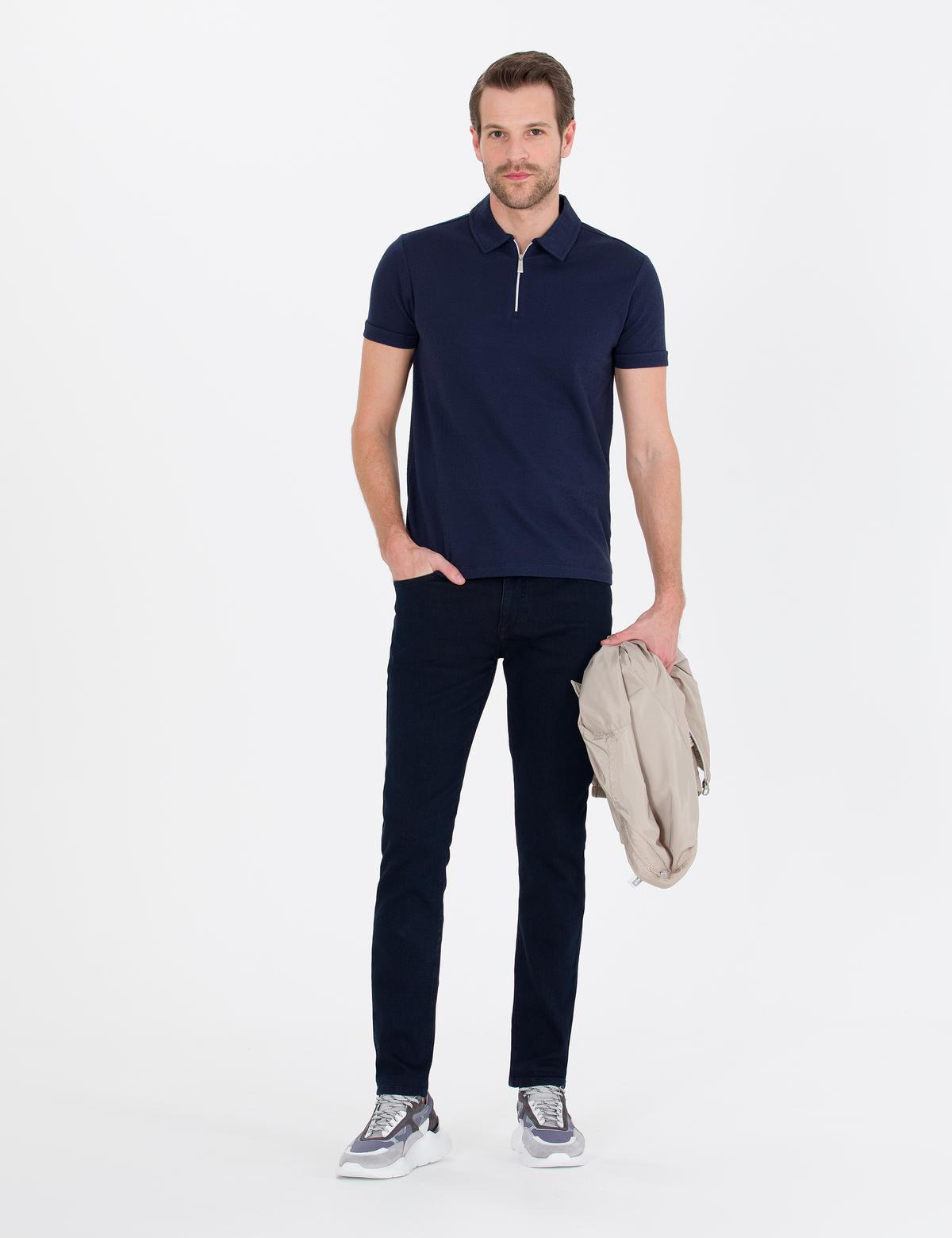 Lacivert Slim Fit Fermuarlı Polo Yaka Tişört - 50265228011